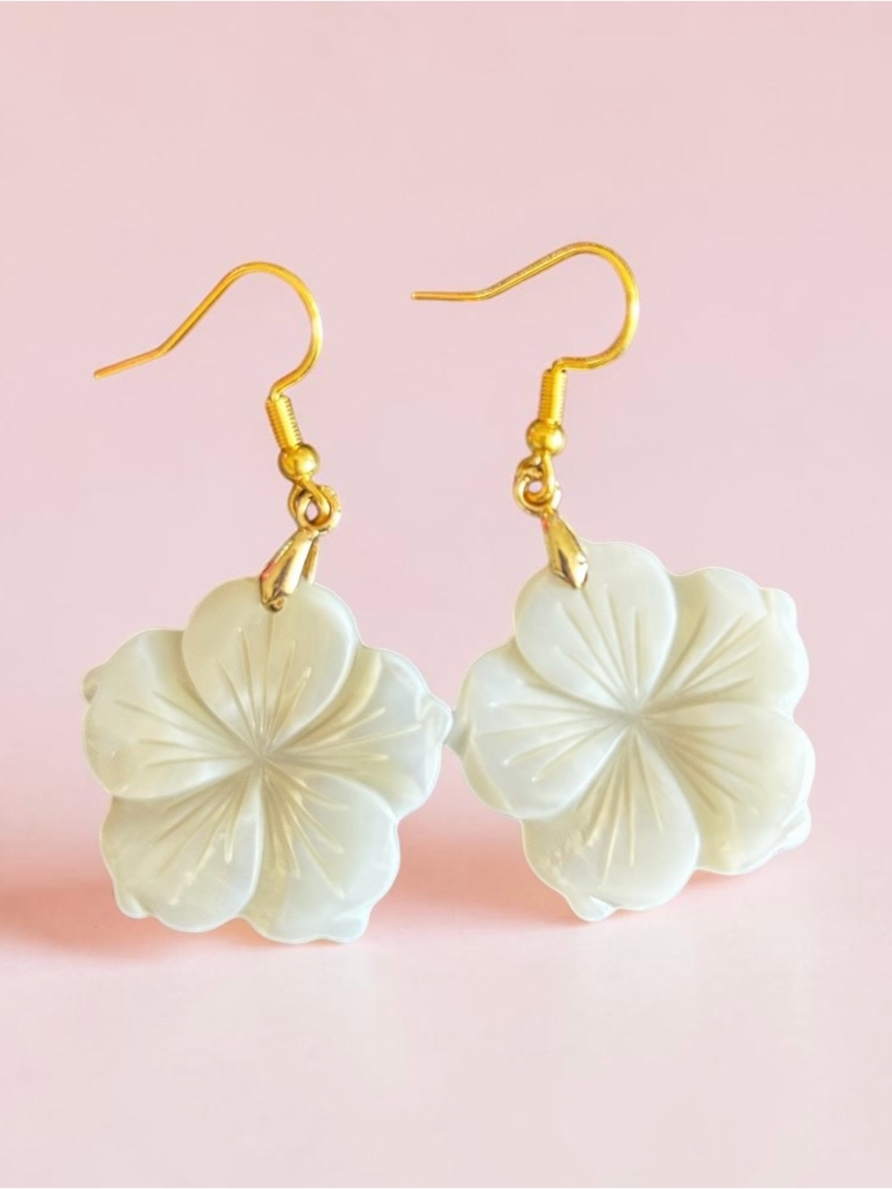 Gold Hook White Flower Dangle Earrings - Elegant Floral Jewelry